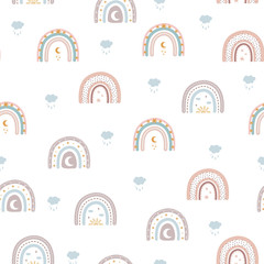 Trendy rainbows in boho style in different color. Vector seamless pattern. Children illustrations for holidays. Doodle art elements. Design for fabric, postcards, bed linens, pillows and wallpaper.