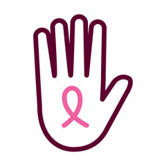 hand with breast cancer ribbon icon, half line half color style