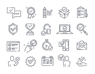 Large set of point icons with check marks for communication, search, calendar, sport, business and time management , black and white vector illustration