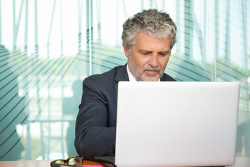 Fototapeta premium Focused mature executive working at computer in office, using white laptop at table. Medium shot, front view. Communication or wireless technology concept