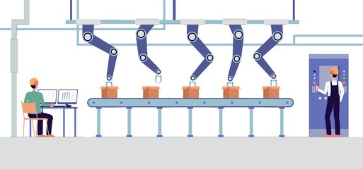 Smart factory robotic automatic conveyor system banner flat vector illustration.