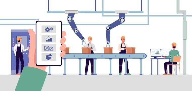Smart factory interior with robot arms and conveyor belt vector illustration.