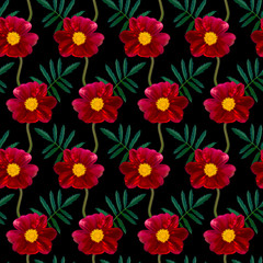 Seamless pattern with red Dahlia flowers and green leaves on black background. Endless floral texture. Raster colorful illustration.