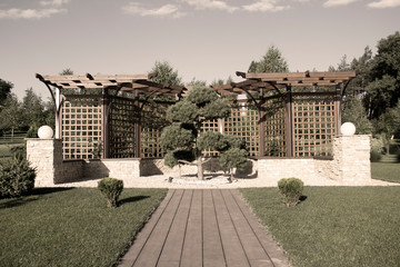 Beautiful gazebo with pine needles in the park in summer.