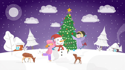 New year's night. Winter. Children make a snowman. Elegant Christmas tree. Vector.