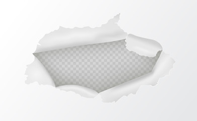 Torn hole with curled rough edges in a white paper sheet over a transparent a background, vector illustration