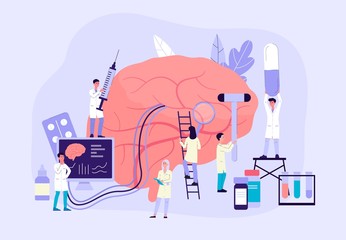 Fototapeta na wymiar Neurobiology banner - cartoon people doing research on giant brain
