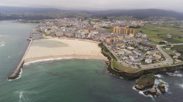 Beach in Foz, coastal village of Lugo. Galicia,Spain. Aerial Drone Footage