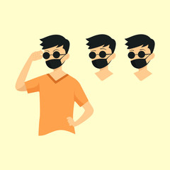 man wearing sunglasses with some expressions while wearing a mask