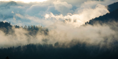 Obraz na płótnie Canvas Berge mit Wolken und Wald - Alpen im Karwendel mit Nebel