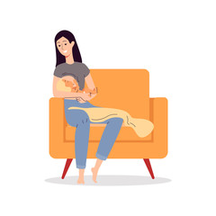 Mother breastfeeding newborn baby in chair, flat vector illustration isolated.