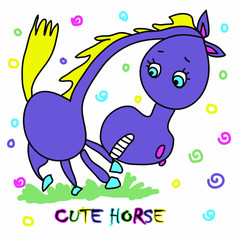 Fototapeta premium Vector illustration of a cartoon horse. Cheerful color picture on a white background. Children's abstract drawing of a cute horse.