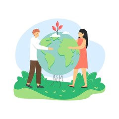 Global environmental protection. Man and woman, ecologists holding globe with sprouting plant, flat vector illustration