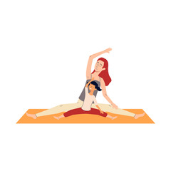 Postnatal yoga mom and baby scene flat vector illustration isolated on white.