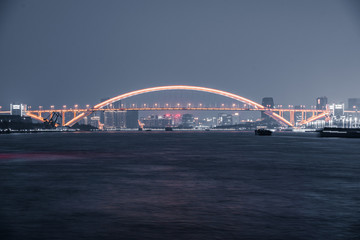 Night view of Lupu bridge, in Shanghai, China.