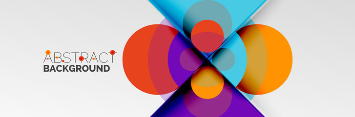 Bright color circles, abstract round shapes and triangles composition with shadow effects. Vector modern geometric design template