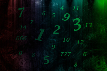 Green numbers on the background of hours and rainbow background, numerology
