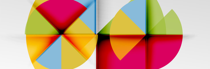 Bright color circles, abstract round shapes and triangles composition with shadow effects. Vector modern geometric design template