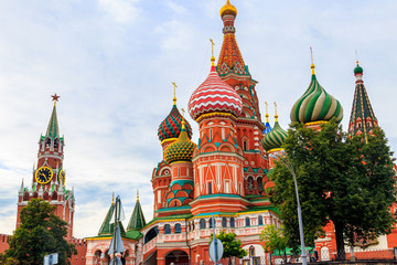 St. Basil's Cathedral and Spasskaya tower of Kremlin on Red Square in Moscow, Russia
