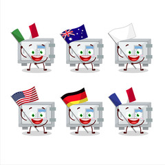 Digital safe box cartoon character bring the flags of various countries