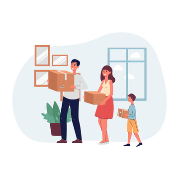 Cartoon family moving into new home - parents and son holding cardboard boxes