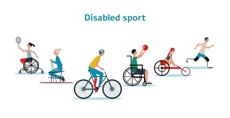 Disabled athletes sport activity - flat cartoon vector illustration isolated.