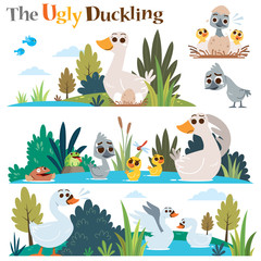 Vector Illustration of Cartoon characters The ugly duckling. Children's Fairy tale. - obrazy, fototapety, plakaty