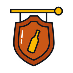 wooden shield pennant with beer bottle icon, line and fill style