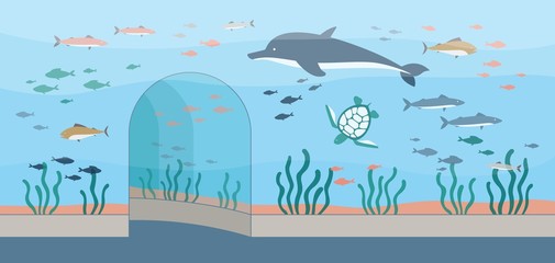 Oceanarium or aquarium background with fishes and plants vector illustration.