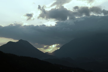 View of a beautiful bright sunset high in the mountains.