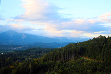 View of a beautiful bright sunset high in the mountains.