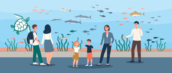 Family trip to big fish aquarium - cartoon couple with children