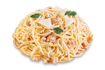 Minced turkey parsley pasta on a white isolated background