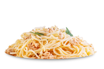 Minced turkey parsley pasta on a white isolated background