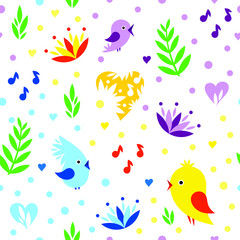 Seamless vector pattern color birds, notes and flowers