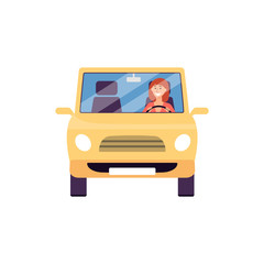 Vector cartoon illustration of a woman driving a car.