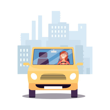 Cartoon Woman Driving Away From City In Yellow Car Isolated On White Background.