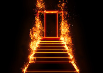 炎に包まれた抽象的な階段と扉