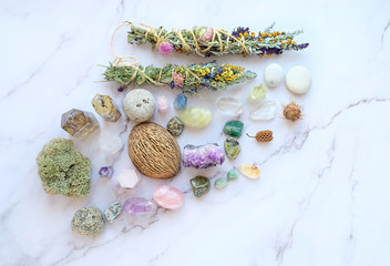 Chakra gemstones crystals and nature magic things. Witchcraft Ritual, energy healing minerals. 