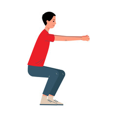 Man character doing squats sport exercises, flat vector illustration isolated.
