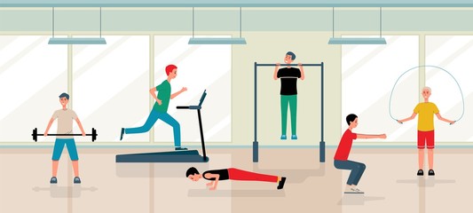 Men doing exercises and training in the gym - flat vector illustration.