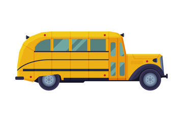 Vintage Yellow School Bus, Side View, School Students Transportation Vehicle Flat Style Vector Illustration