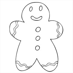 christmas gingerbread man shaped, holiday treat, cute winter doodles, coloring book, doodle style vector element