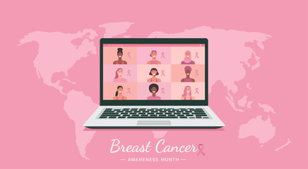woman around the world connecting together via video conference on laptop computer for breast cancer awareness month concept, vector flat illustration