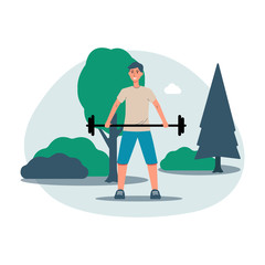 Man cartoon character lifting heavy barbell, flat vector illustration isolated.