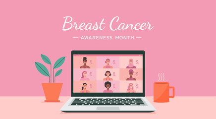group of women video conference online on laptop screen for breast cancer awareness month with pink ribbon, vector flat illustration