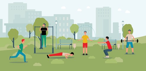 Men doing sport in city park in summer nature - cartoon people training