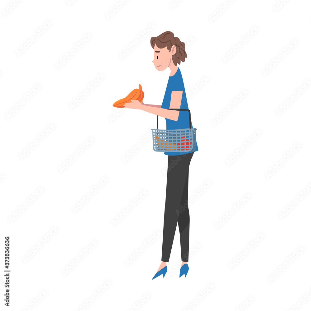 Sticker Woman Standing with Shopping Basket, Young Woman Shopping Vegetables at Supermarket Cartoon Style Vector Illustration on White Background