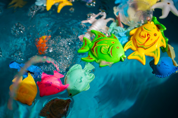 Toy colorful fish in blue water.