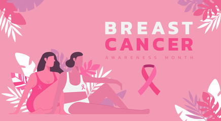 breast cancer awareness month web banner for charity campaign or disease prevention concept, beautiful females cancer, vector flat illustration